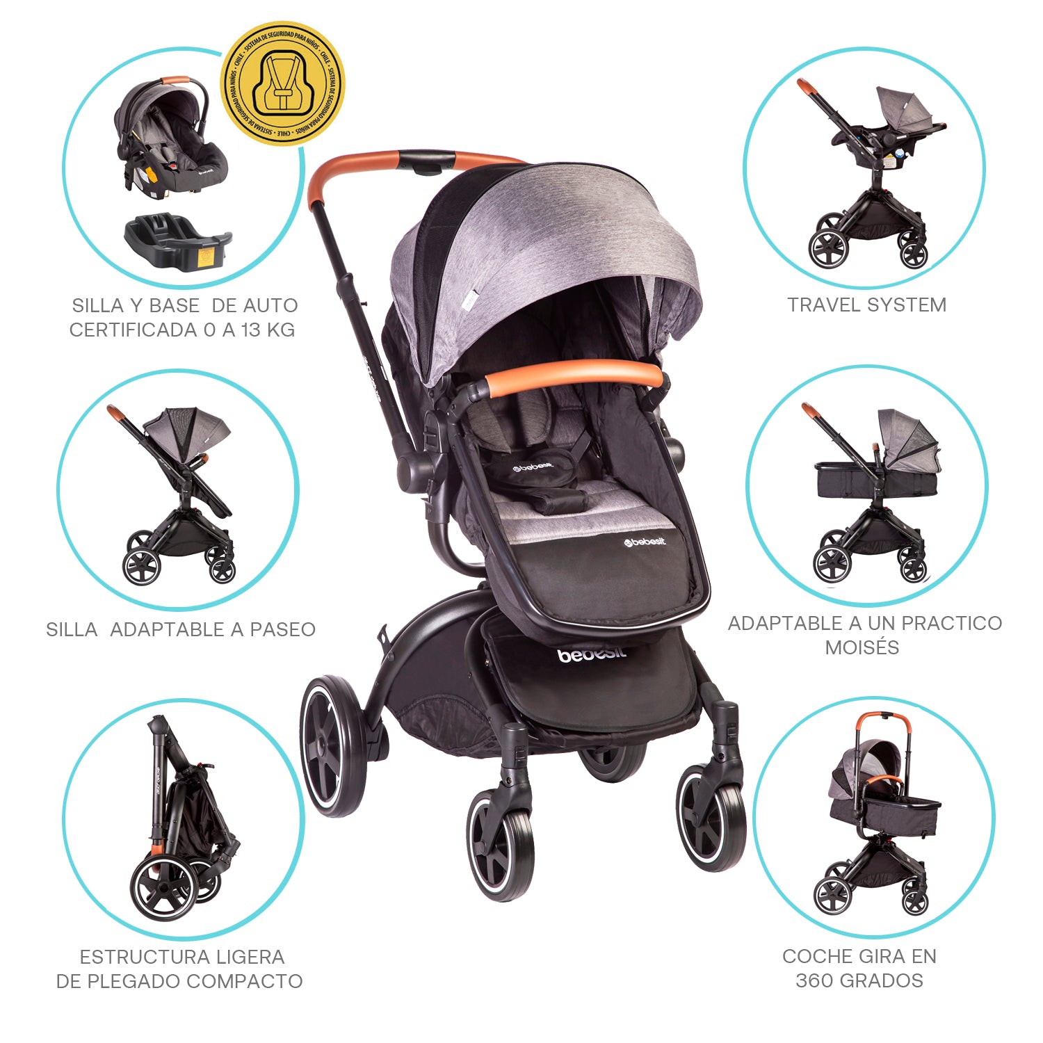 Coche Cuna travel system Deluxe 360° SX Gris