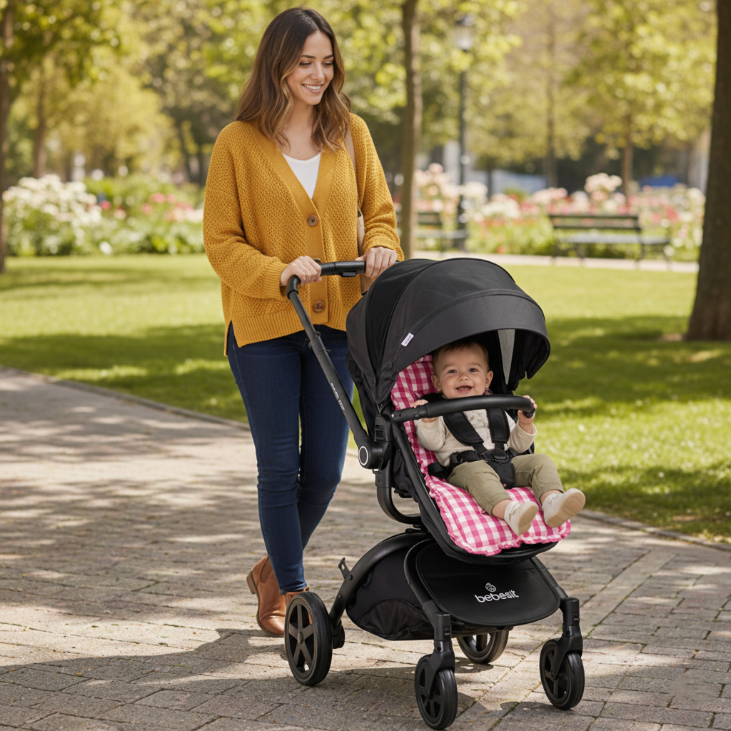 Cojín Universal Coche Paseo Diseño Cuadros Rosado 40 x 80 cm
