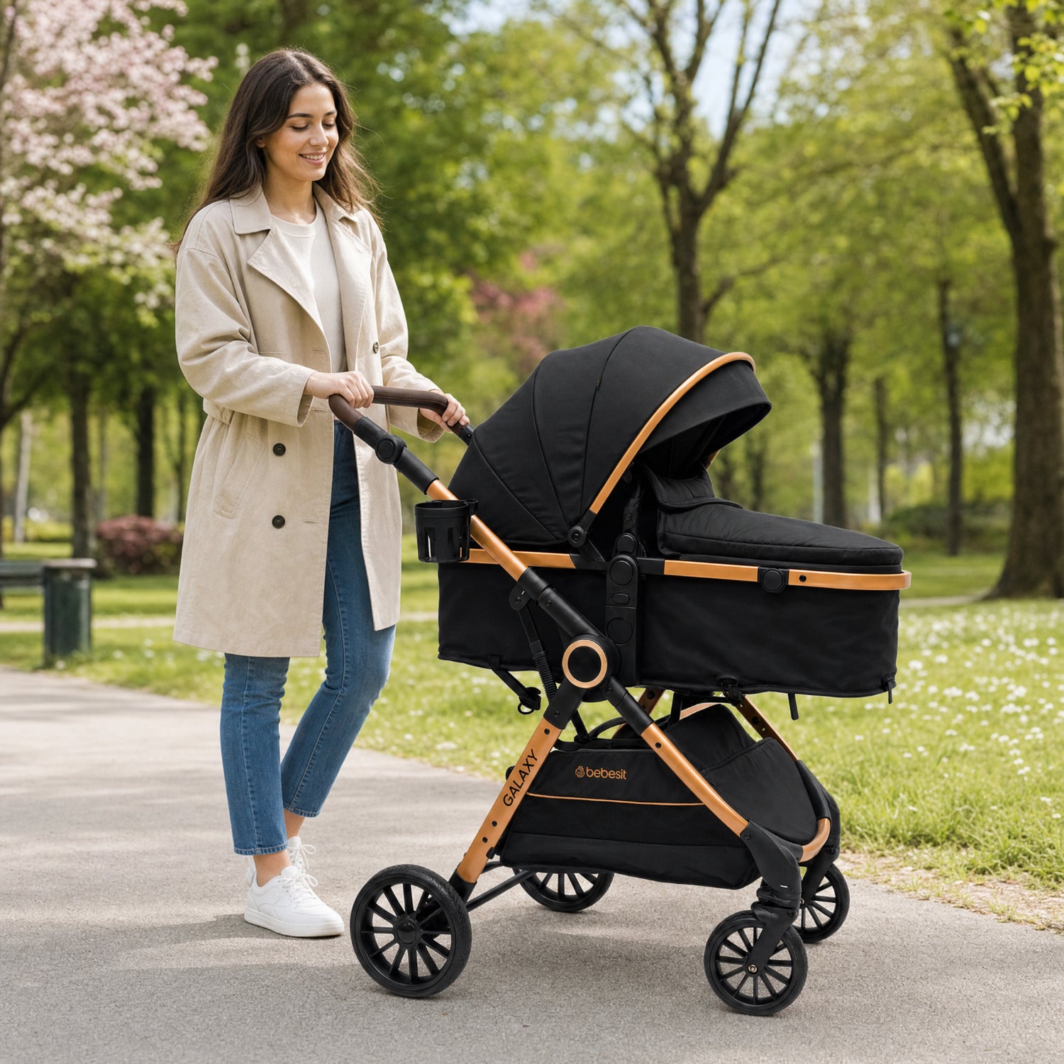 Coche Cuna Travel System Galaxy Isofix Gold Negro