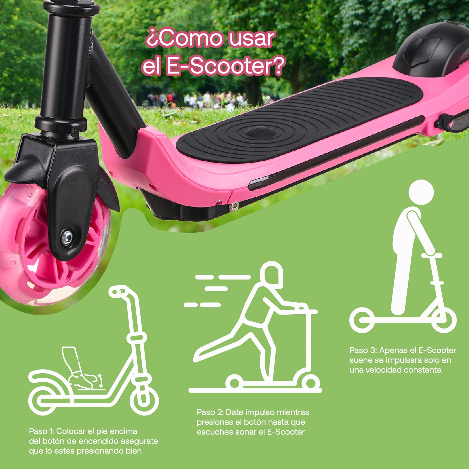 Monopatín Eléctrico Plegable E-Scooter 60W 24V2000mah Rosado