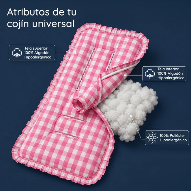 Cojín Universal Coche Paseo Diseño Cuadros Rosado 40 x 80 cm