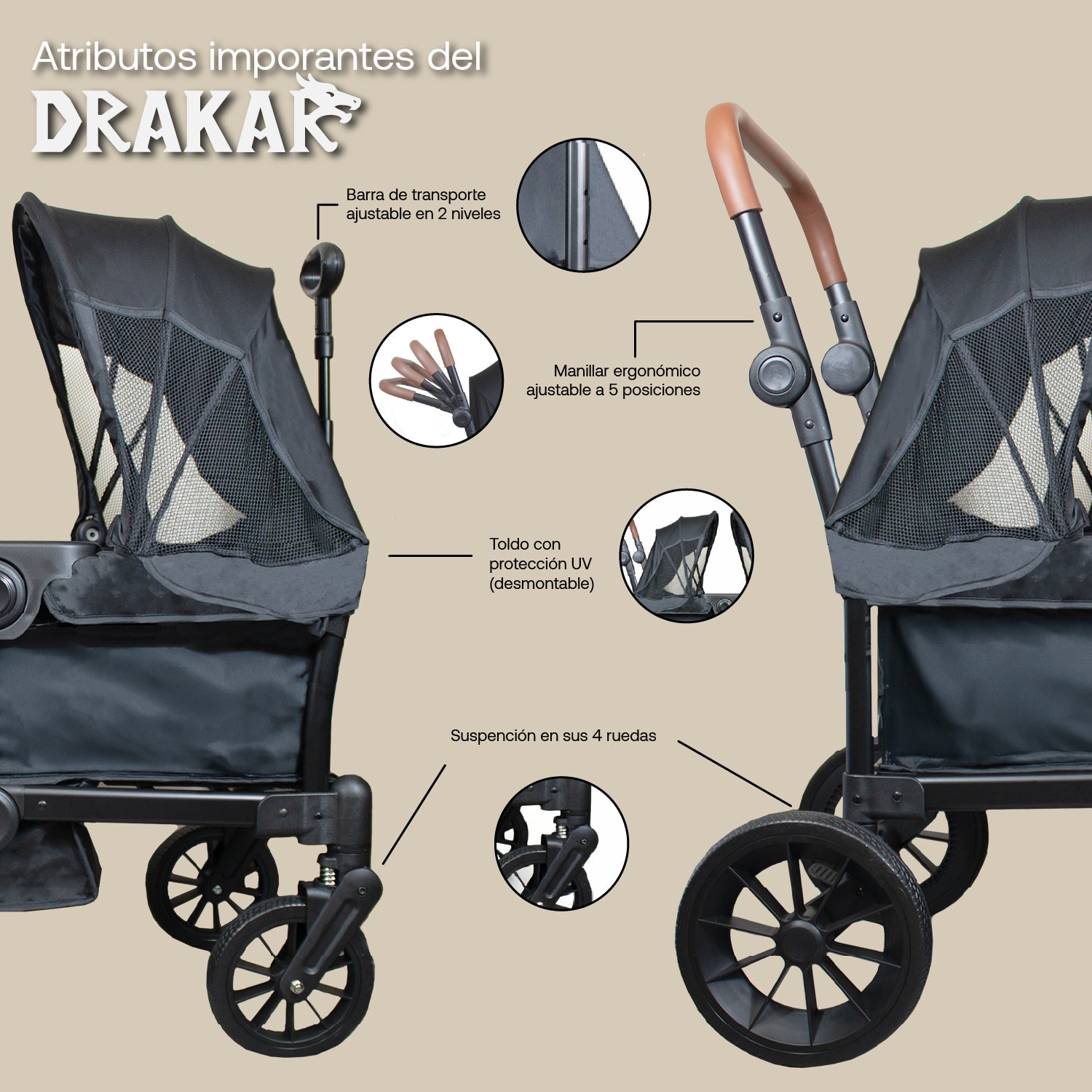 Coche y Carro de Paseo Doble Wagon Drakar Negro