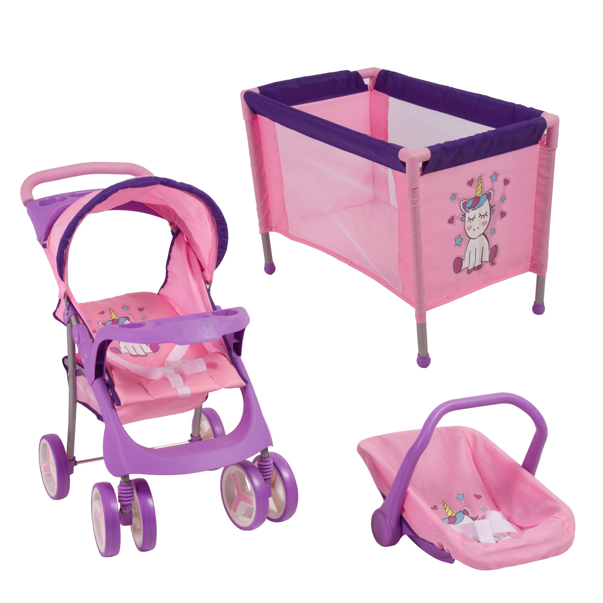 Juguete Coche Travel Muneca con cuna unicornio Bebesit