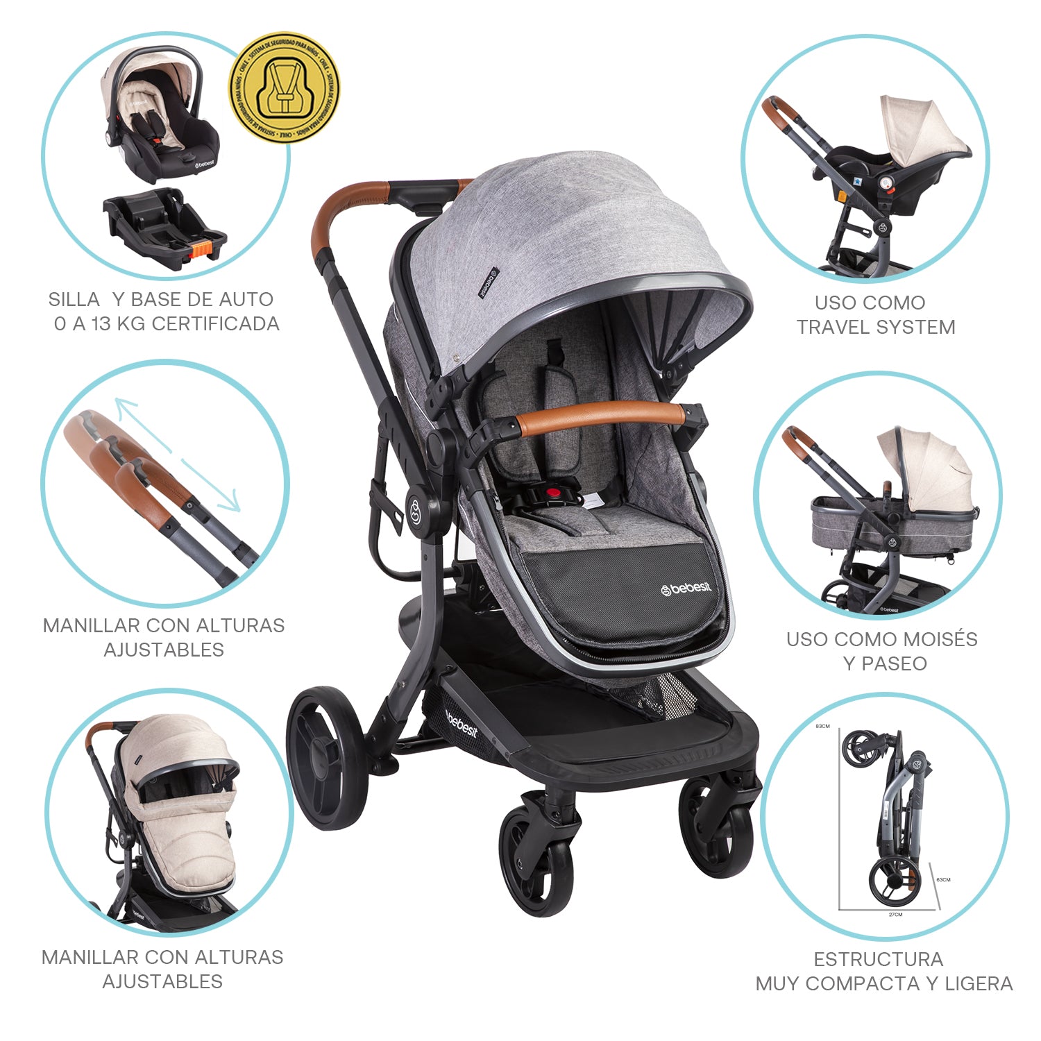 Coche Cuna travel system Taurus Gris