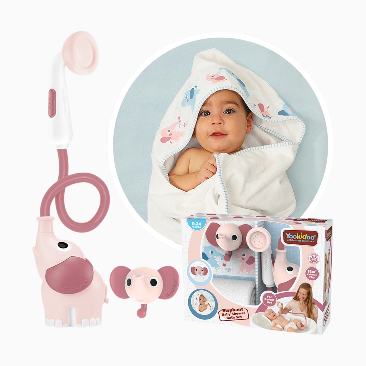 Set de Baño Ducha Elefante y Toalla Rosa Yookidoo