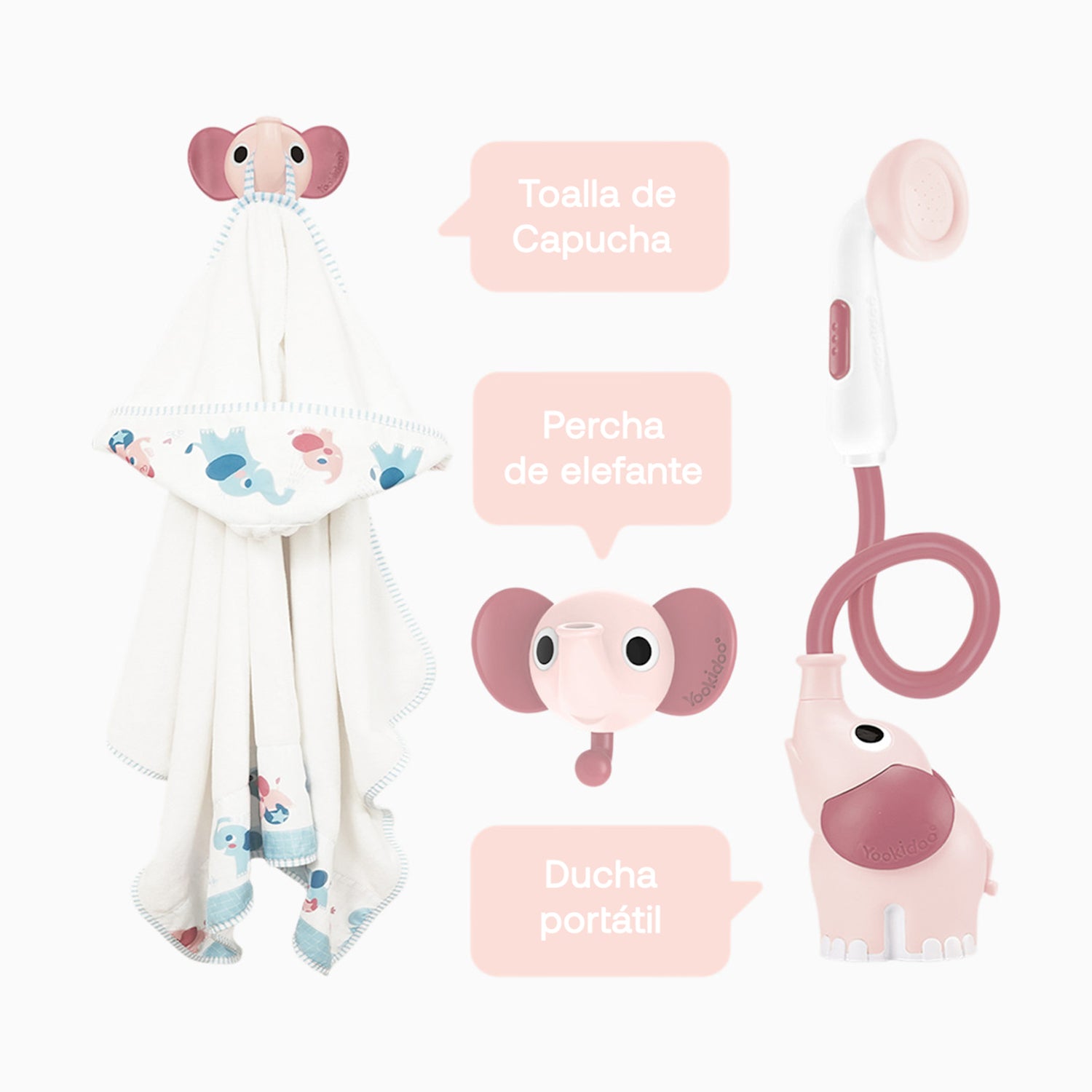 Set de Baño Ducha Elefante y Toalla Rosa Yookidoo