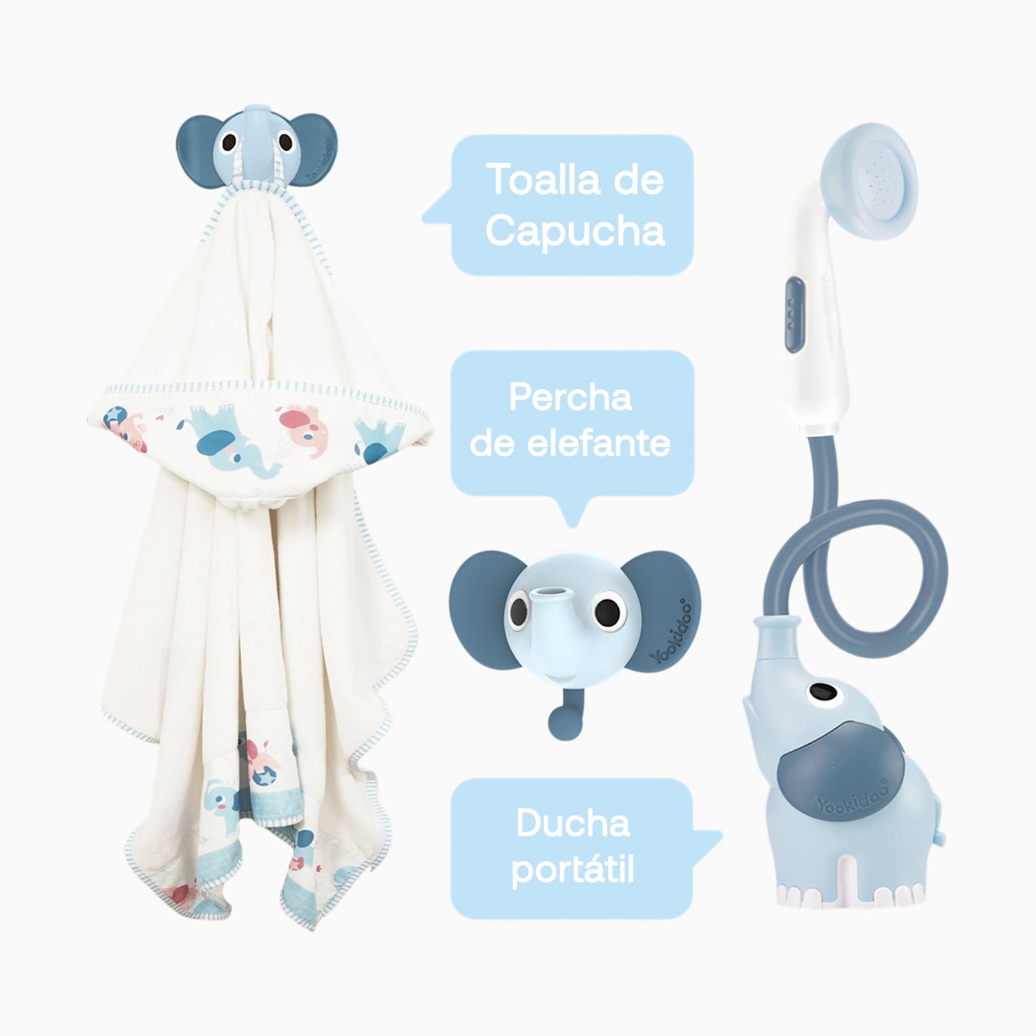 Set de Baño Ducha Elefante y Toalla Azul Yookidoo